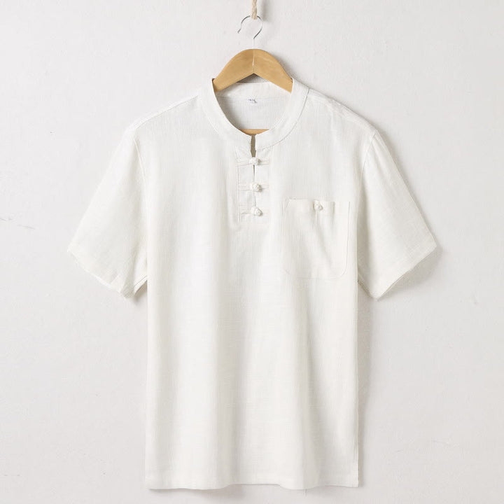 Koszula męska Buddha Stones Loose w jednolitym kolorze z wyciętym dekoltem i krótkim rękawem, wygodna, zapinana na guziki, oddychająca, bawełniana, lniana koszula - Beżowy - US/UK/AU46， EU56 (5XL)  - image 1