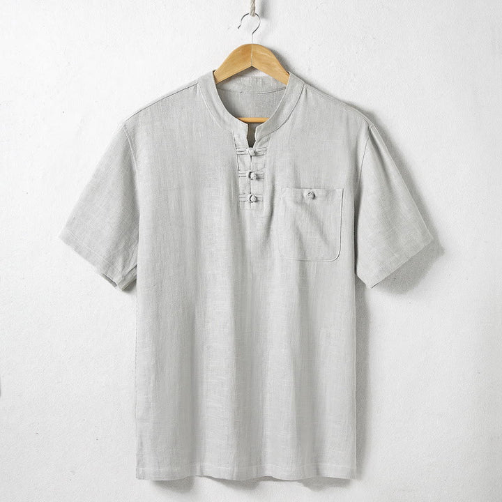Koszula męska Buddha Stones Loose w jednolitym kolorze z wyciętym dekoltem i krótkim rękawem, wygodna, zapinana na guziki, oddychająca, bawełniana, lniana koszula - Gainsboro - US/UK/AU46， EU56 (5XL)  - image 4