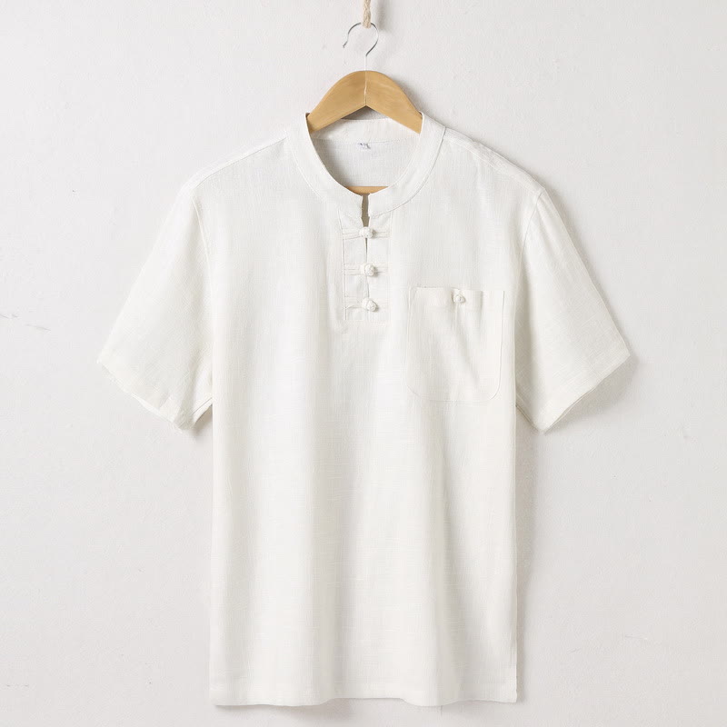 Koszula męska Buddha Stones Loose w jednolitym kolorze z wyciętym dekoltem i krótkim rękawem, wygodna, zapinana na guziki, oddychająca, bawełniana, lniana koszula - Beżowy - US/UK/AU46， EU56 (5XL)  - image 1