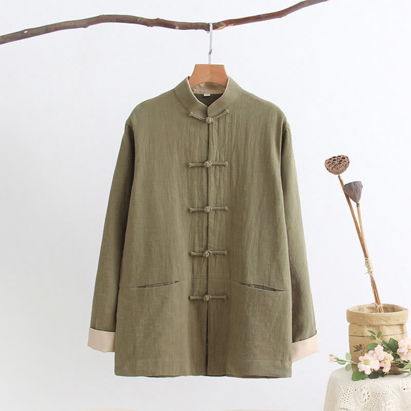 Koszula z długim rękawem Buddha Stones Tang Frog-Button Cotton Linen Men's Clothing - Ciemny Khaki - US/UK/AU44， EU54 (4XL) - image 1
