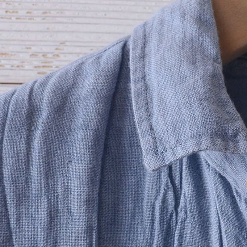 Koszula męska Buddha Stones w jednolitym kolorze z klapami i krótkim rękawem, wygodna, zapinana na guziki, lniana - image 1