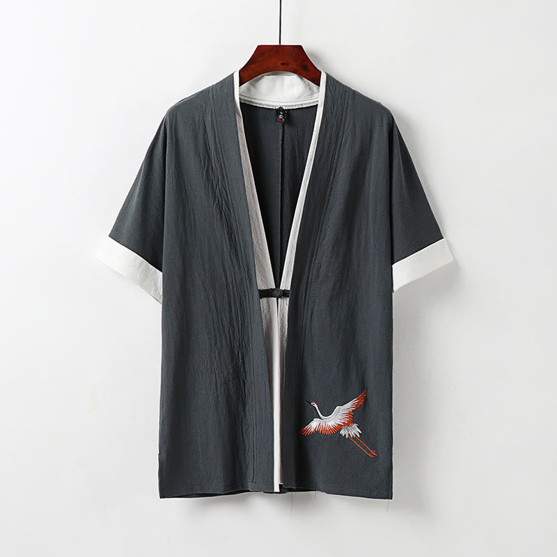 Buddha Stones Fałszywy Dwuczęściowy Męski Kardigan Z Pół Rękawem Haft Hanfu Komfortowa Bawełniana Koszula - Szary - US/UK/AU54， EU64 (9XL) - image 11