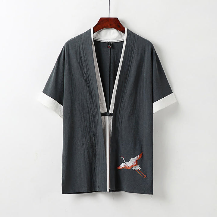 Buddha Stones Fałszywy Dwuczęściowy Męski Kardigan Z Pół Rękawem Haft Hanfu Komfortowa Bawełniana Koszula - Szary - US/UK/AU54， EU64 (9XL) - image 11
