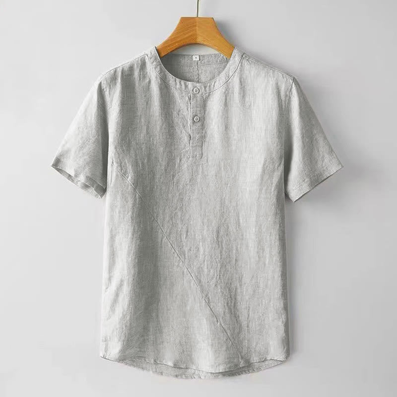 Koszula męska z krótkim rękawem i bawełniano-lniana w jednolitym kolorze z Buddha Stones - Biały Dym - US/UK/AU48， EU58 (4XL) - image 9