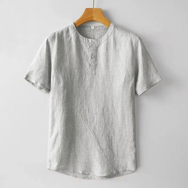 Koszula męska z krótkim rękawem i bawełniano-lniana w jednolitym kolorze z Buddha Stones - Biały Dym - US/UK/AU48， EU58 (4XL) - image 9