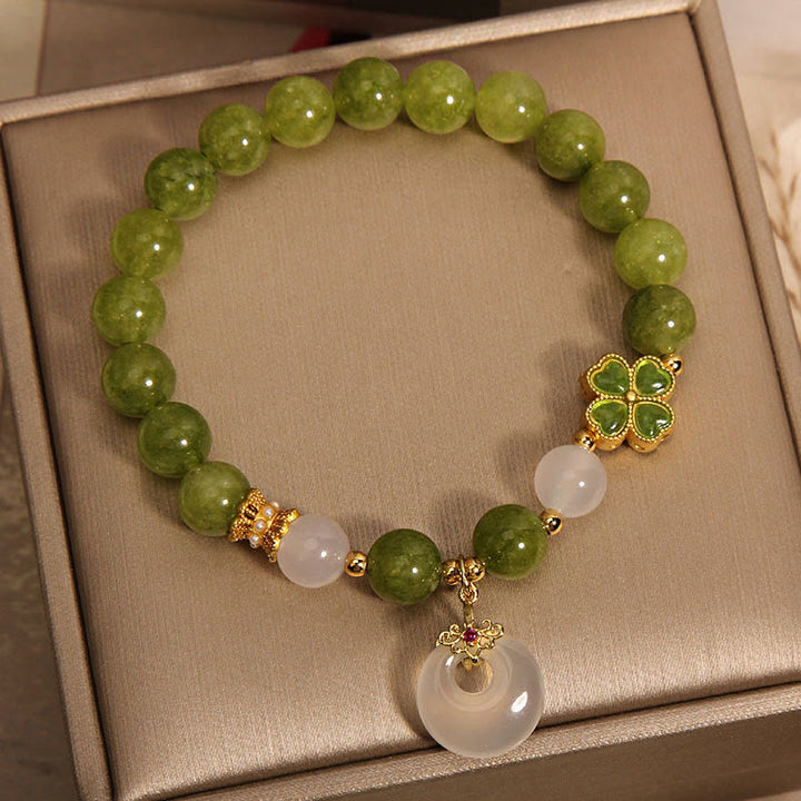 Buddha Stones Zielony Turmalin Chalcedon Czterolistna Koniczyna Klamra Pokoju Bransoletka Mądrości