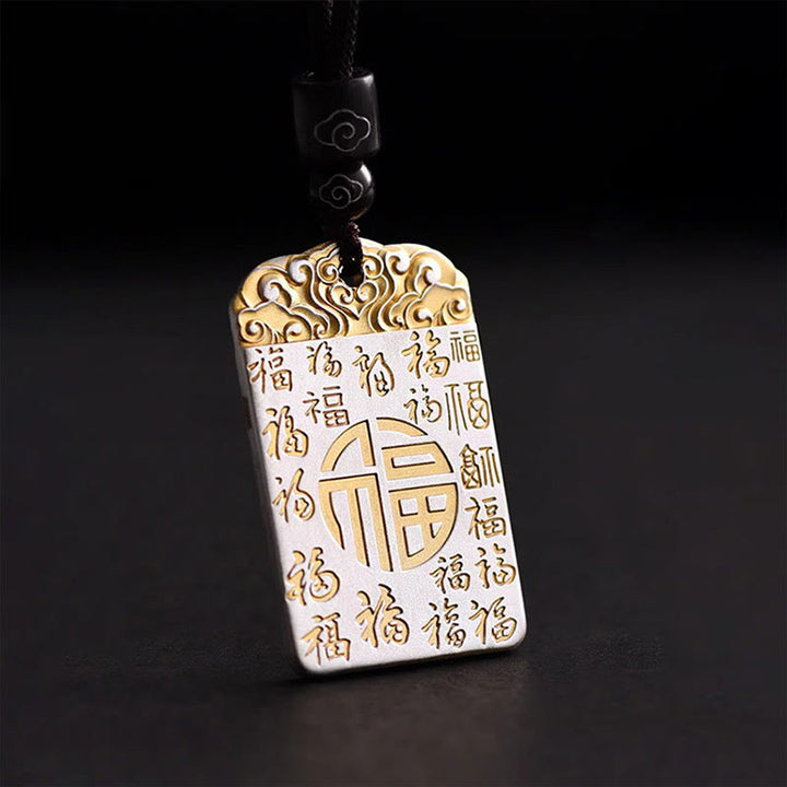 Buddha Stones Srebrna Miedź Fu Charakter Pomyślne Chmury Szczęście Fortuna Naszyjnik Wisiorek