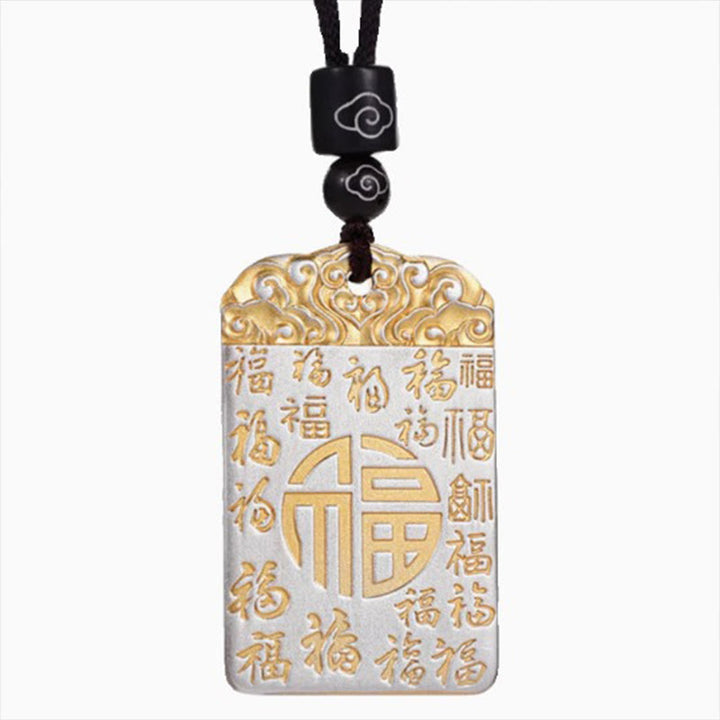 Buddha Stones Srebrna Miedź Fu Charakter Pomyślne Chmury Szczęście Fortuna Naszyjnik Wisiorek