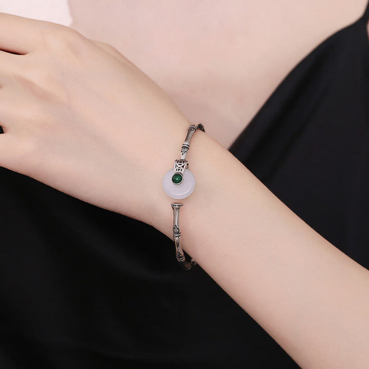 Buddha Stones Biały Jadeit Klamra Pokoju Bambusowy Wzór Szczęścia Miedziana Bransoletka Mankietowa Bangle