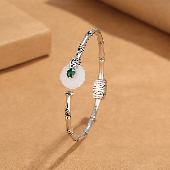 Buddha Stones Biały Jadeit Klamra Pokoju Bambusowy Wzór Szczęścia Miedziana Bransoletka Mankietowa Bangle