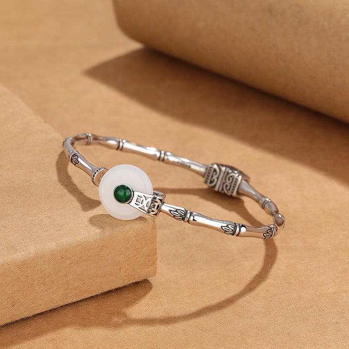 Buddha Stones Biały Jadeit Klamra Pokoju Bambusowy Wzór Szczęścia Miedziana Bransoletka Mankietowa Bangle