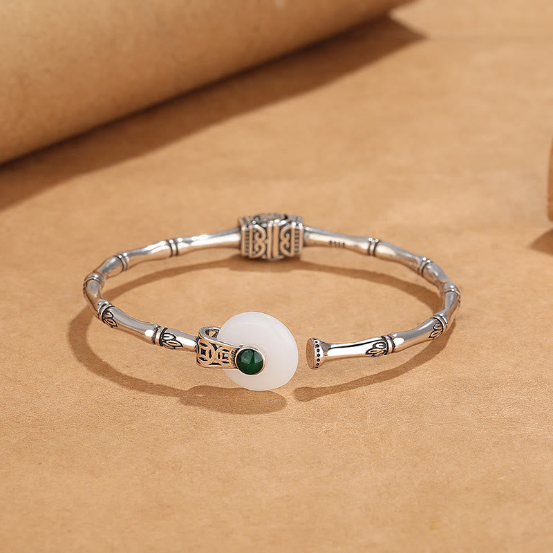 Buddha Stones Biały Jadeit Klamra Pokoju Bambusowy Wzór Szczęścia Miedziana Bransoletka Mankietowa Bangle