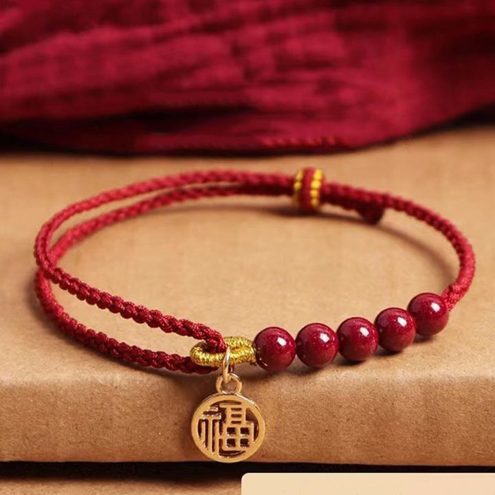 Buddha Stones Cynober Fu Charakter Koraliki Błogosławieństwo Czerwony Sznurek Ręcznie Pleciona Bransoletka