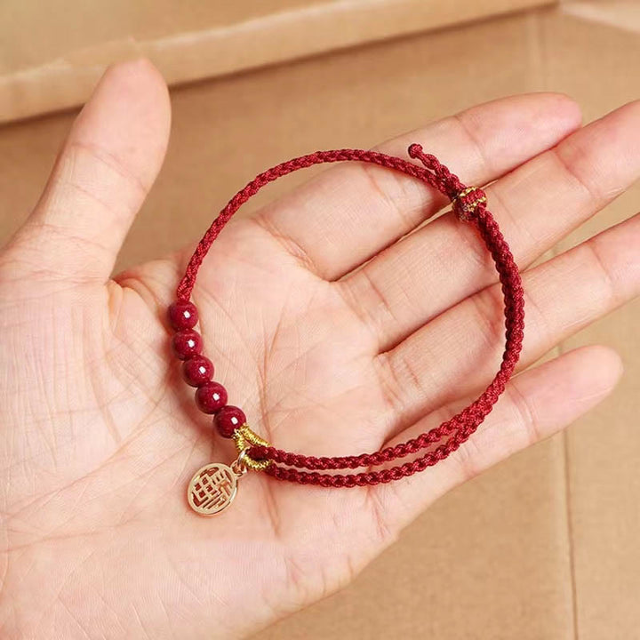 Buddha Stones Cynober Fu Charakter Koraliki Błogosławieństwo Czerwony Sznurek Ręcznie Pleciona Bransoletka