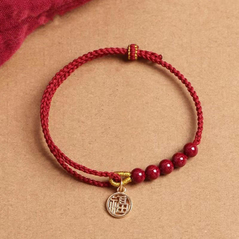 Buddha Stones Cynober Fu Charakter Koraliki Błogosławieństwo Czerwony Sznurek Ręcznie Pleciona Bransoletka