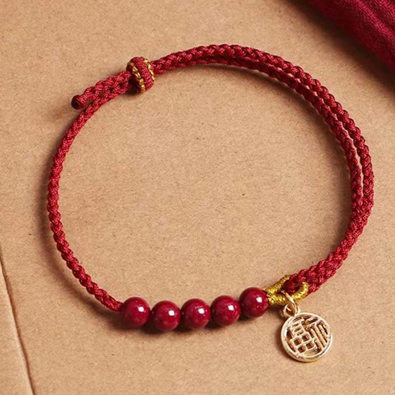Buddha Stones Cynober Fu Charakter Koraliki Błogosławieństwo Czerwony Sznurek Ręcznie Pleciona Bransoletka