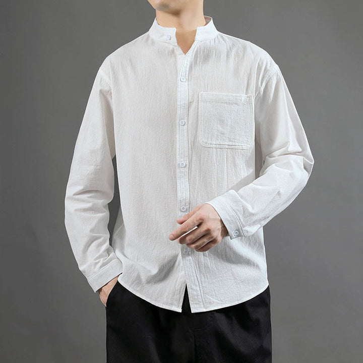 Koszula męska z długim rękawem Buddha Stones z kieszenią i stójką, wygodna, lniana - Biały - US/UK/AU46， EU56 (5XL) - image 10