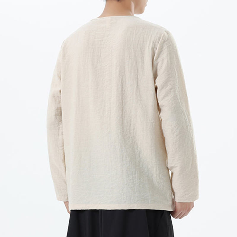 Koszula męska z długim rękawem i okrągłym kołnierzykiem Buddha Stones z bawełny i lnu - image 16