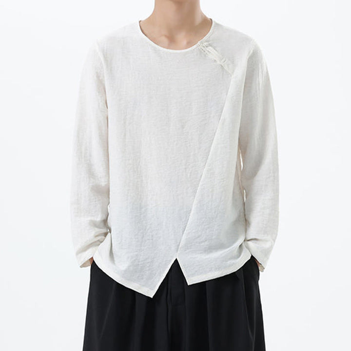 Koszula męska z długim rękawem i okrągłym kołnierzykiem Buddha Stones z bawełny i lnu - Biały - US/UK/AU46， EU56 (5XL) - image 6