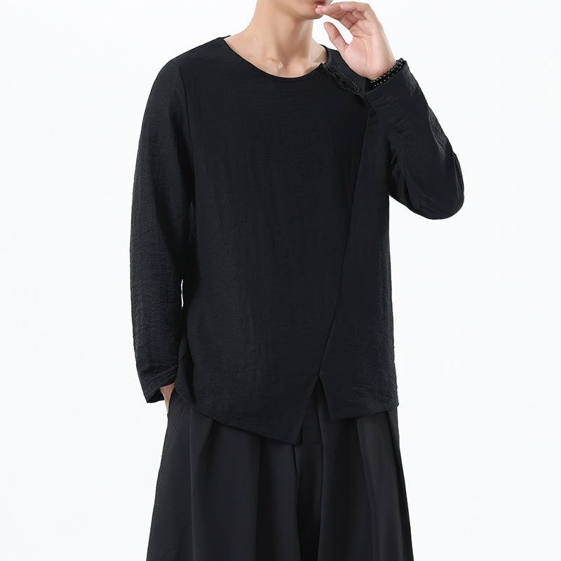 Koszula męska z długim rękawem i okrągłym kołnierzykiem Buddha Stones z bawełny i lnu - image 27