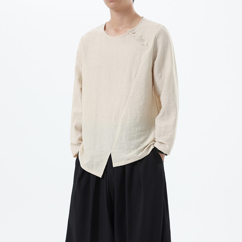 Koszula męska z długim rękawem i okrągłym kołnierzykiem Buddha Stones z bawełny i lnu - image 15