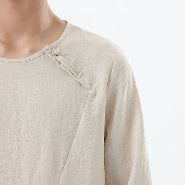 Koszula męska z długim rękawem i okrągłym kołnierzykiem Buddha Stones z bawełny i lnu - image 23