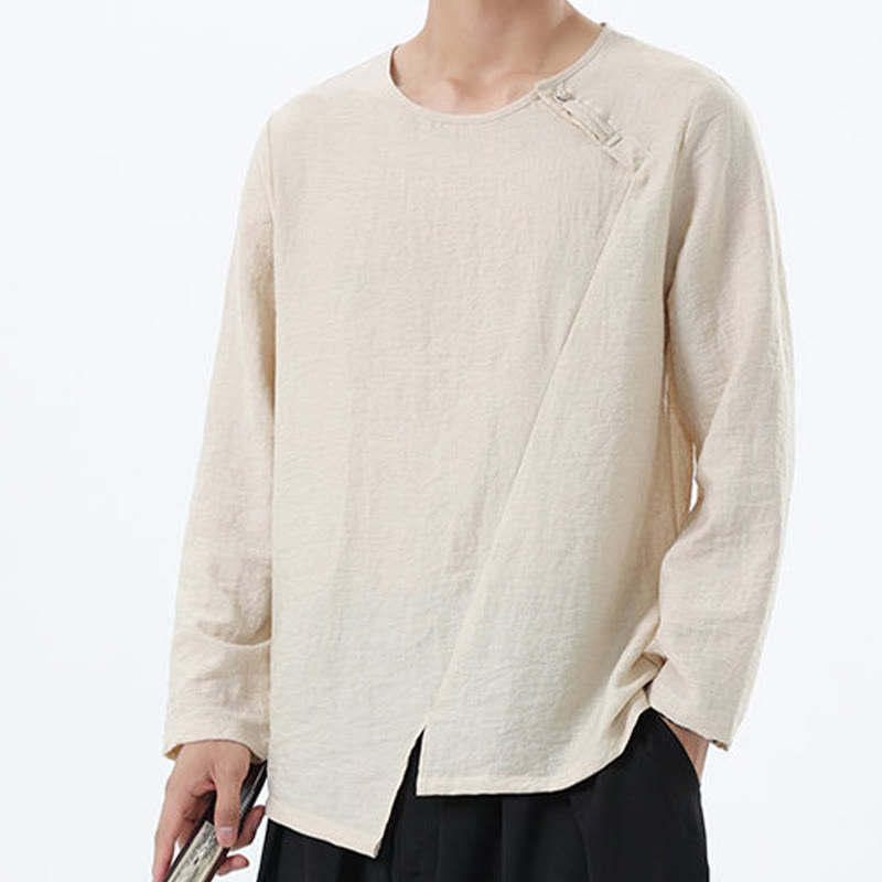 Koszula męska z długim rękawem i okrągłym kołnierzykiem Buddha Stones z bawełny i lnu - image 17