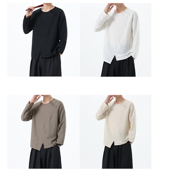 Koszula męska z długim rękawem i okrągłym kołnierzykiem Buddha Stones z bawełny i lnu - image 34