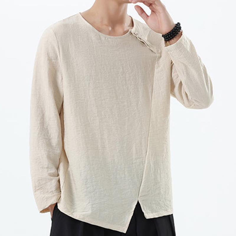 Koszula męska z długim rękawem i okrągłym kołnierzykiem Buddha Stones z bawełny i lnu - image 18