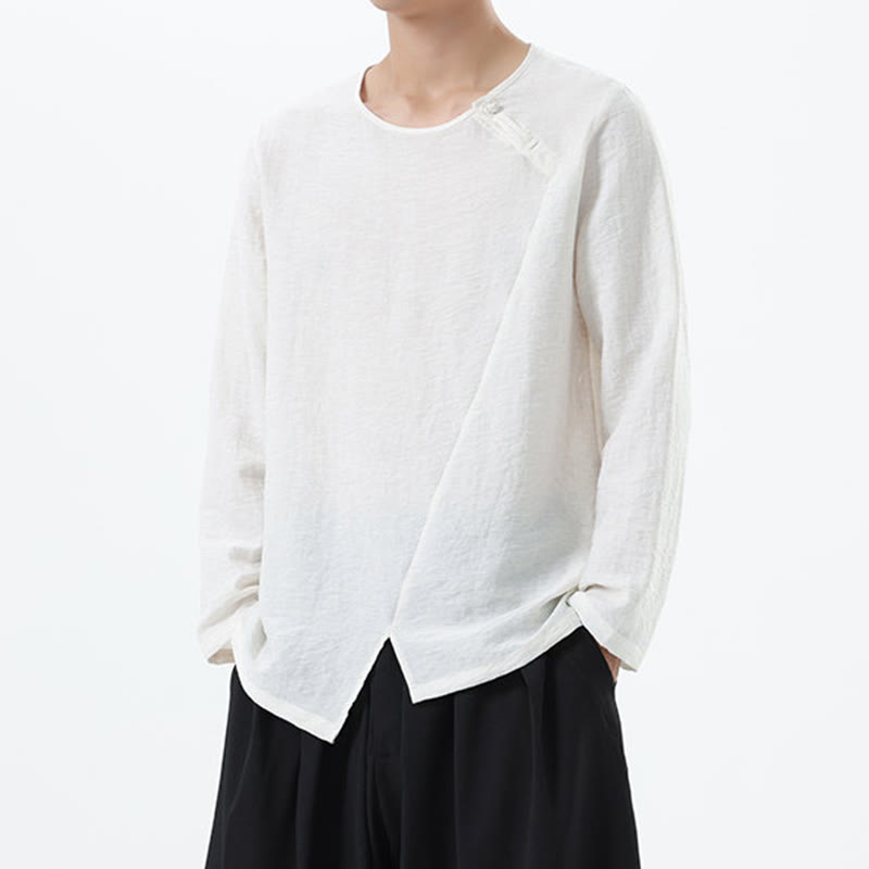 Koszula męska z długim rękawem i okrągłym kołnierzykiem Buddha Stones z bawełny i lnu - image 11