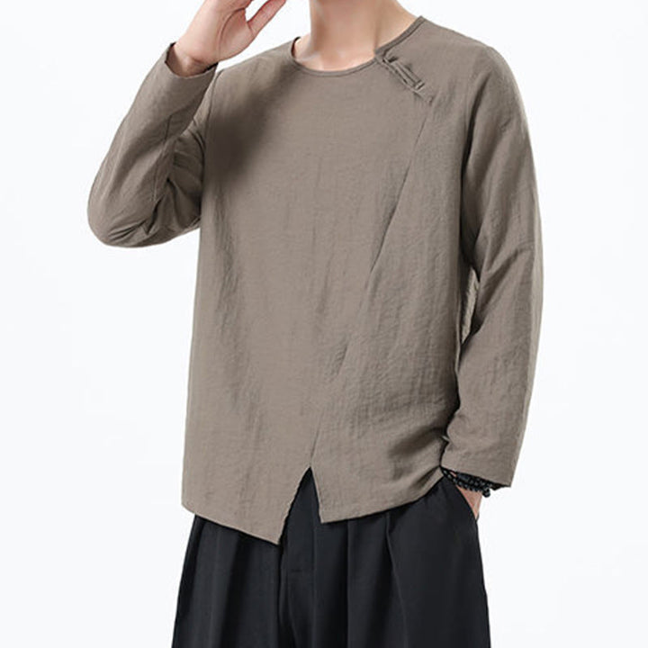 Koszula męska z długim rękawem i okrągłym kołnierzykiem Buddha Stones z bawełny i lnu - image 4