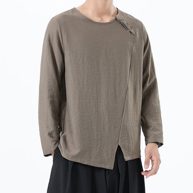 Koszula męska z długim rękawem i okrągłym kołnierzykiem Buddha Stones z bawełny i lnu - image 3