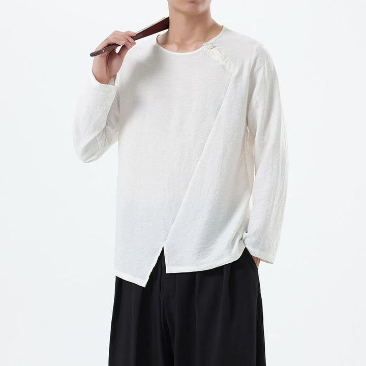 Koszula męska z długim rękawem i okrągłym kołnierzykiem Buddha Stones z bawełny i lnu - image 12