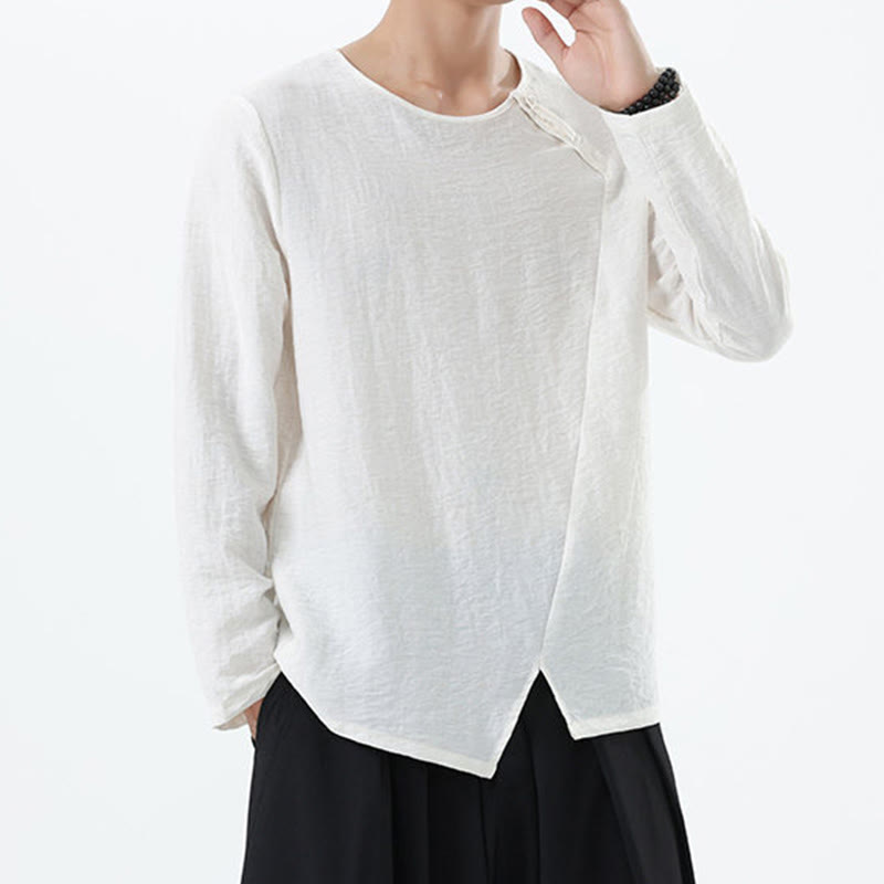 Koszula męska z długim rękawem i okrągłym kołnierzykiem Buddha Stones z bawełny i lnu - image 10