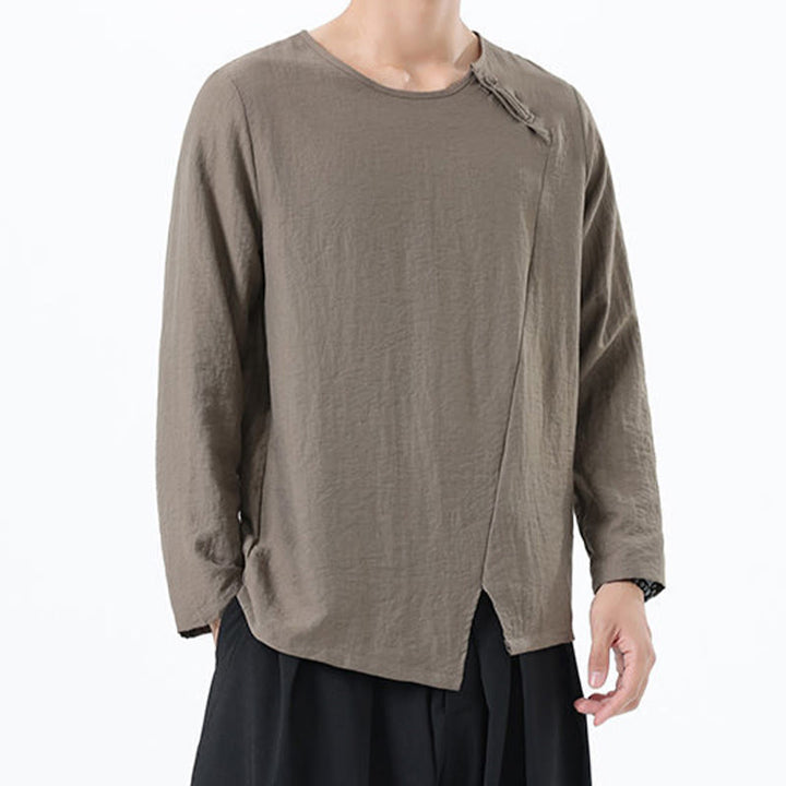 Koszula męska z długim rękawem i okrągłym kołnierzykiem Buddha Stones z bawełny i lnu - image 3