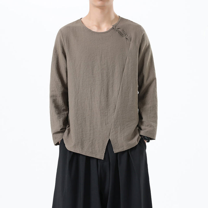 Koszula męska z długim rękawem i okrągłym kołnierzykiem Buddha Stones z bawełny i lnu - Dębnik - US/UK/AU46， EU56 (5XL) - image 0