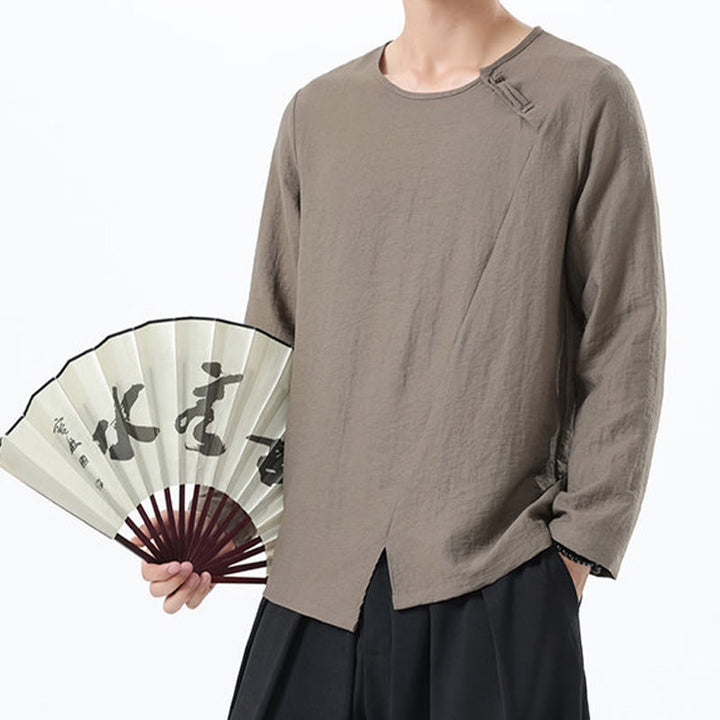 Koszula męska z długim rękawem i okrągłym kołnierzykiem Buddha Stones z bawełny i lnu - image 5