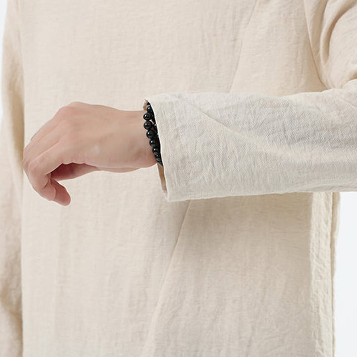 Koszula męska z długim rękawem i okrągłym kołnierzykiem Buddha Stones z bawełny i lnu - image 25