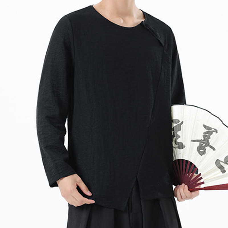 Koszula męska z długim rękawem i okrągłym kołnierzykiem Buddha Stones z bawełny i lnu - image 33