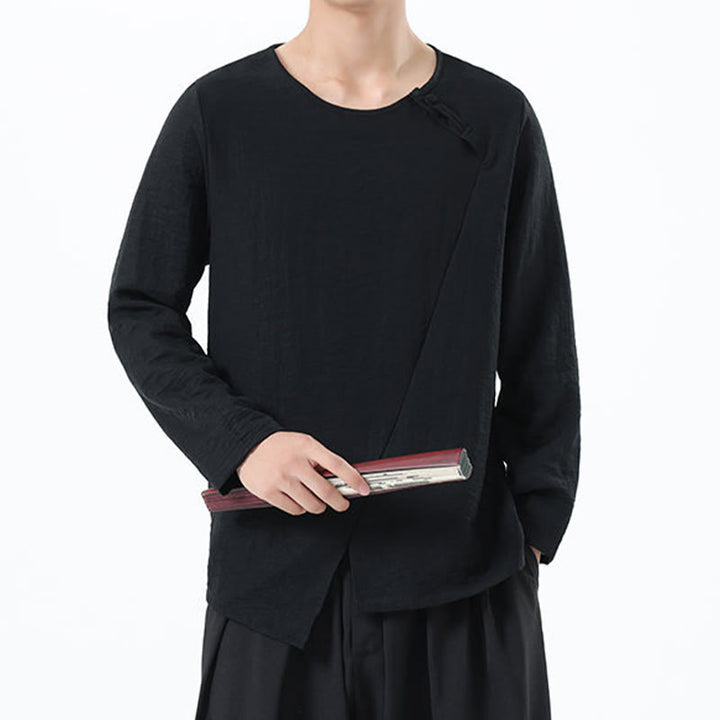 Koszula męska z długim rękawem i okrągłym kołnierzykiem Buddha Stones z bawełny i lnu - image 32