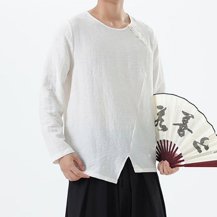 Koszula męska z długim rękawem i okrągłym kołnierzykiem Buddha Stones z bawełny i lnu - image 7