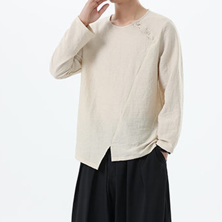 Koszula męska z długim rękawem i okrągłym kołnierzykiem Buddha Stones z bawełny i lnu - image 19