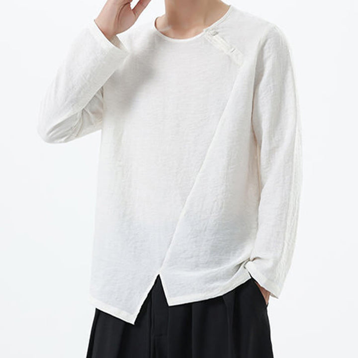 Koszula męska z długim rękawem i okrągłym kołnierzykiem Buddha Stones z bawełny i lnu - image 13