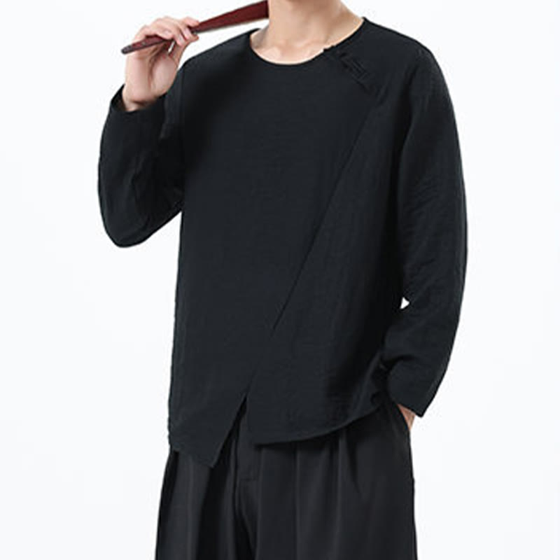 Koszula męska z długim rękawem i okrągłym kołnierzykiem Buddha Stones z bawełny i lnu - image 30