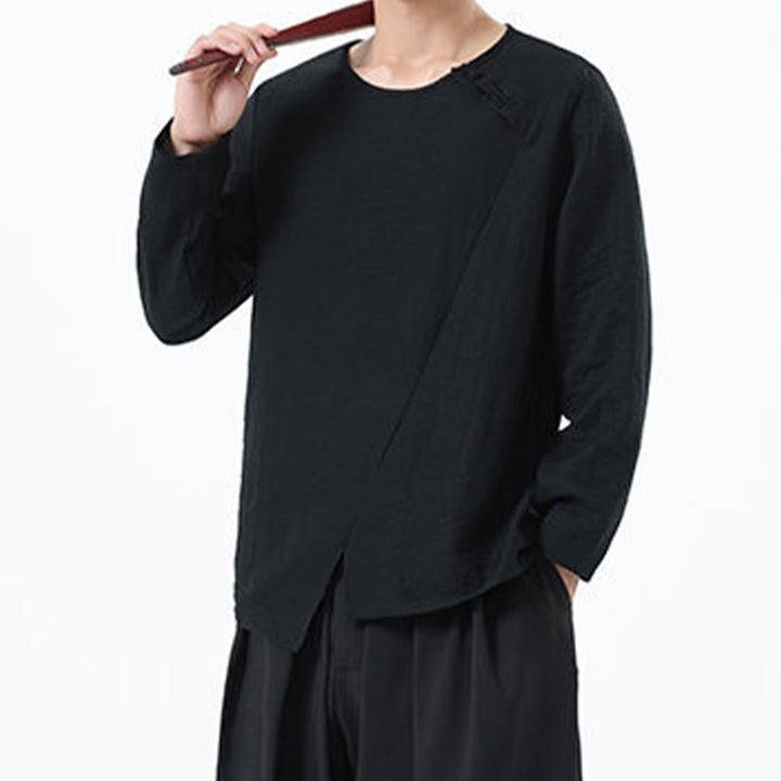 Koszula męska z długim rękawem i okrągłym kołnierzykiem Buddha Stones z bawełny i lnu - image 30