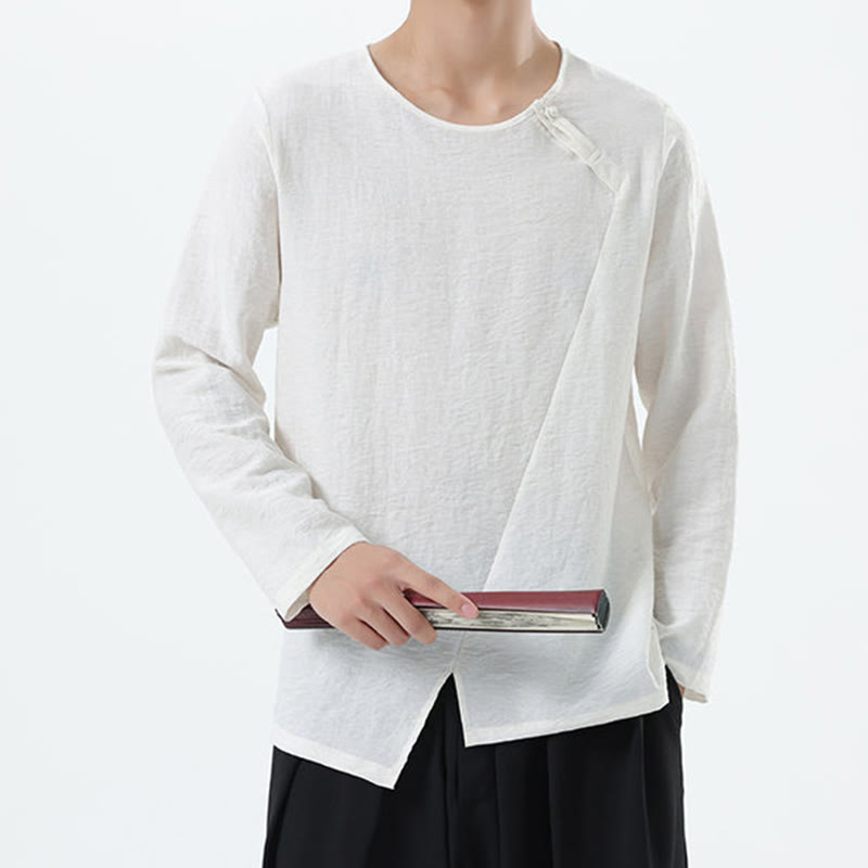 Koszula męska z długim rękawem i okrągłym kołnierzykiem Buddha Stones z bawełny i lnu - image 9