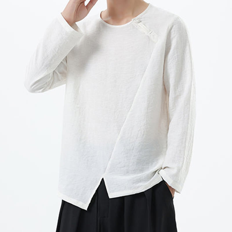 Koszula męska z długim rękawem i okrągłym kołnierzykiem Buddha Stones z bawełny i lnu - image 13