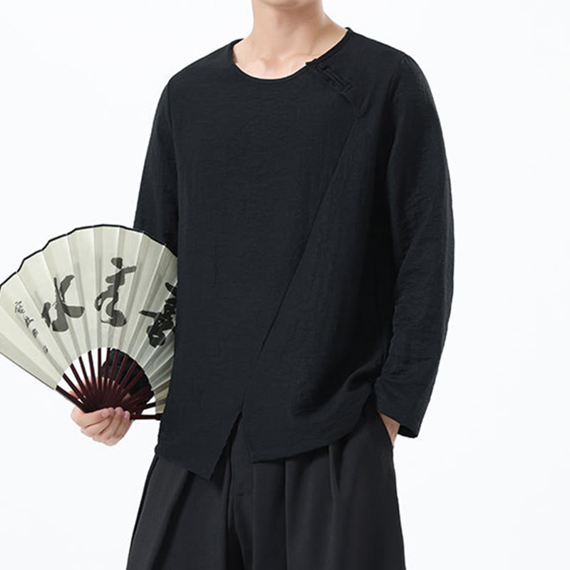 Koszula męska z długim rękawem i okrągłym kołnierzykiem Buddha Stones z bawełny i lnu - image 31