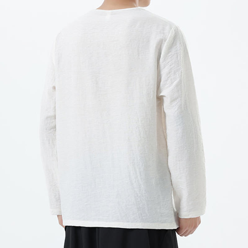 Koszula męska z długim rękawem i okrągłym kołnierzykiem Buddha Stones z bawełny i lnu - image 8