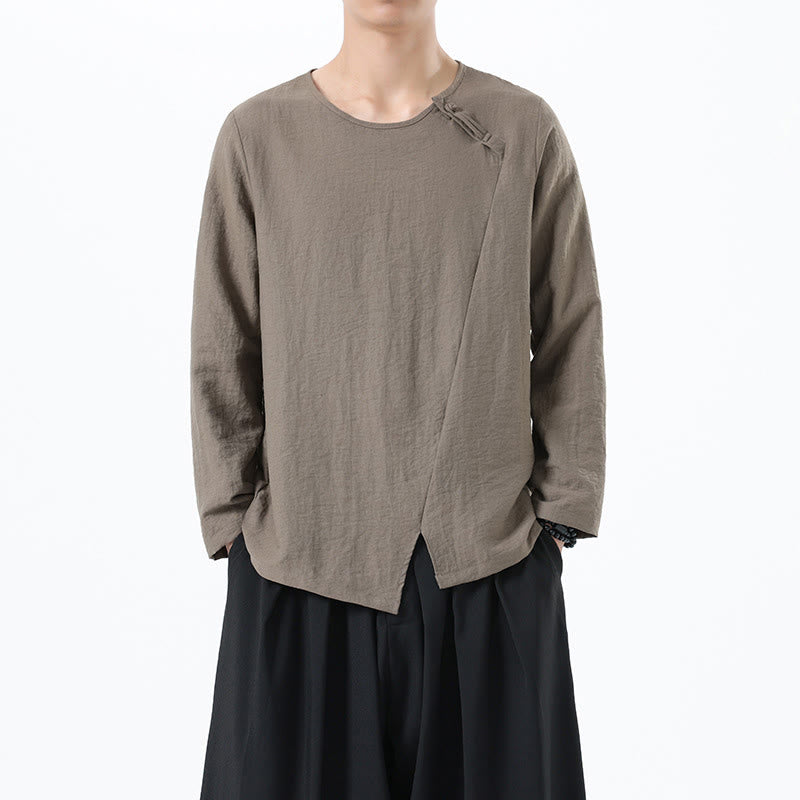 Koszula męska z długim rękawem i okrągłym kołnierzykiem Buddha Stones z bawełny i lnu - Dębnik - US/UK/AU46， EU56 (5XL) - image 0
